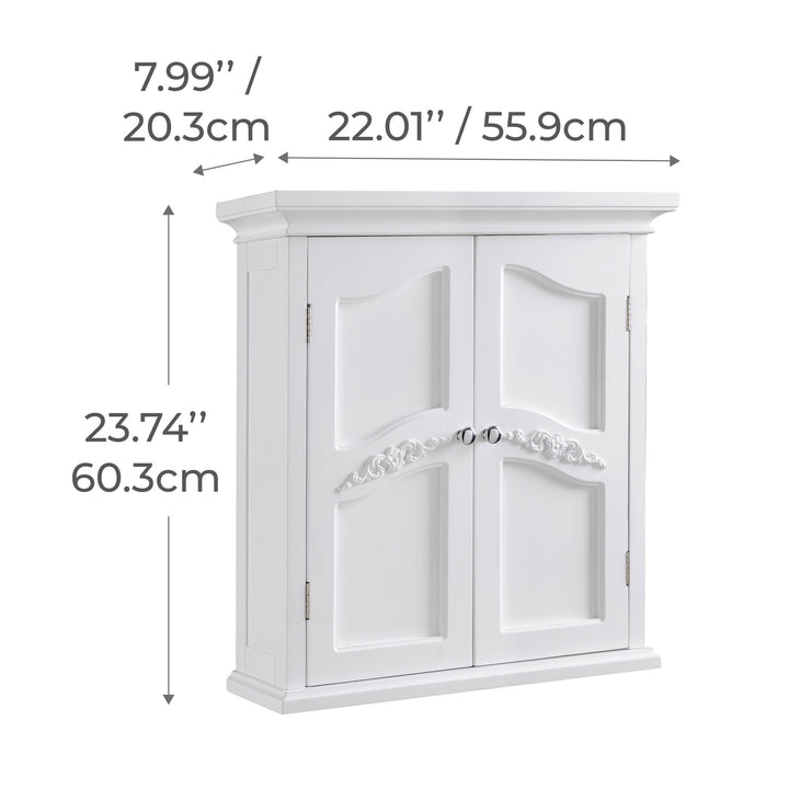 Dimensional graphic for a two-door wall cabinet in inches and centimeters