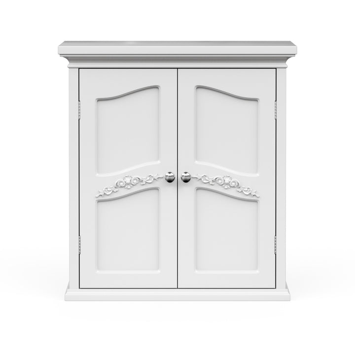 A two-door wall cabinet with decorative scrollwork on the doors