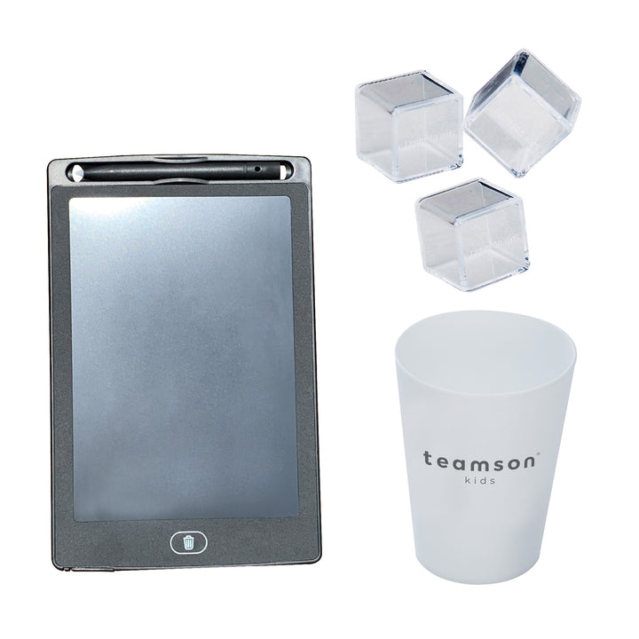 Callout of interactive note pad, three pretend ice cubes and a white cup