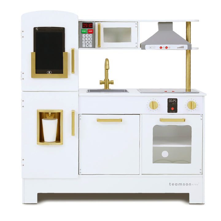 Teamson Kids All-in-One Little Chef Munich Play Kitchen with Lights and Sound Effects, White with the black tablet on the fridge door.