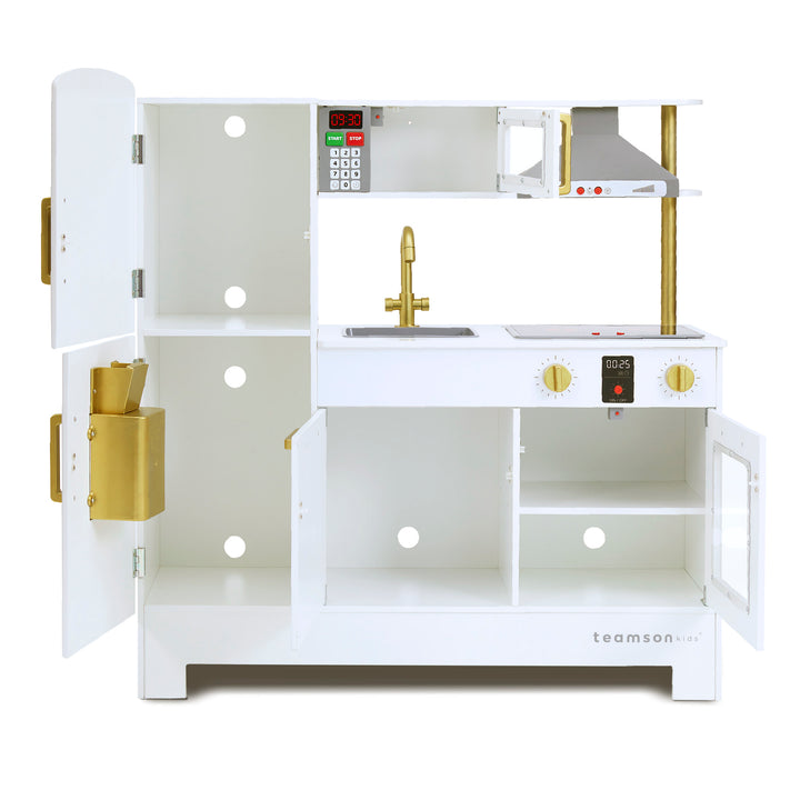 All the doors open on the Teamson Kids All-in-One Little Chef Munich Play Kitchen with Lights and Sound Effects, White