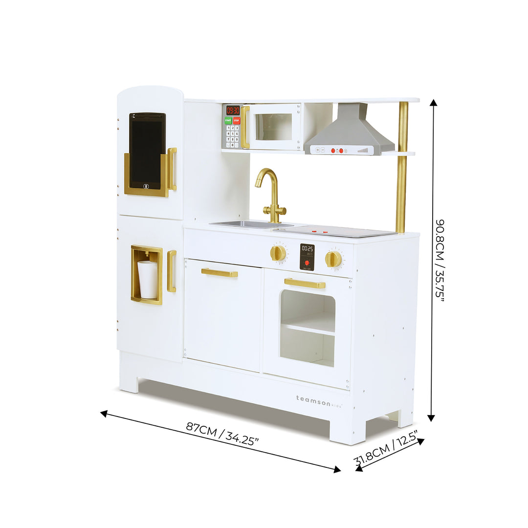 Teamson Kids All-in-One Little Chef Munich Play Kitchen with Lights and Sound Effects, White shows dimensions in centimeters and inches.